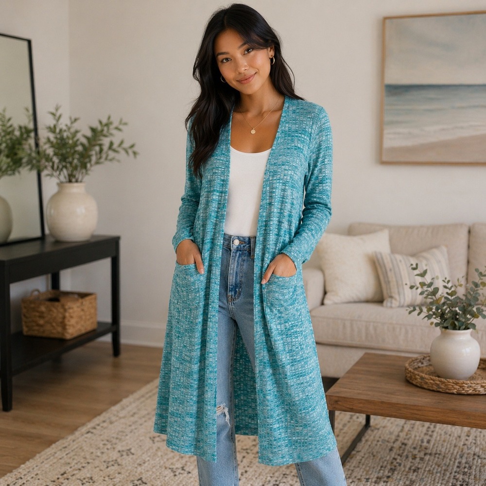 LuLaRoe‎ Sarah Duster Cardigan M Teal Blue Grid Ribbed Knit Pockets